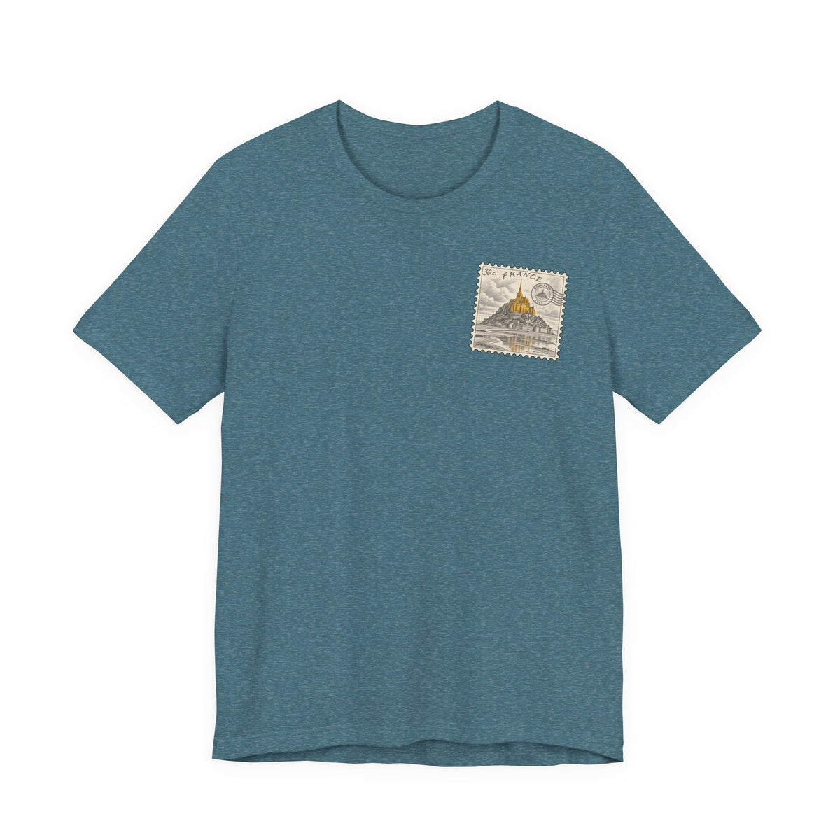 Teal heather short-sleeve T-shirt with small vintage postage stamp graphic on chest