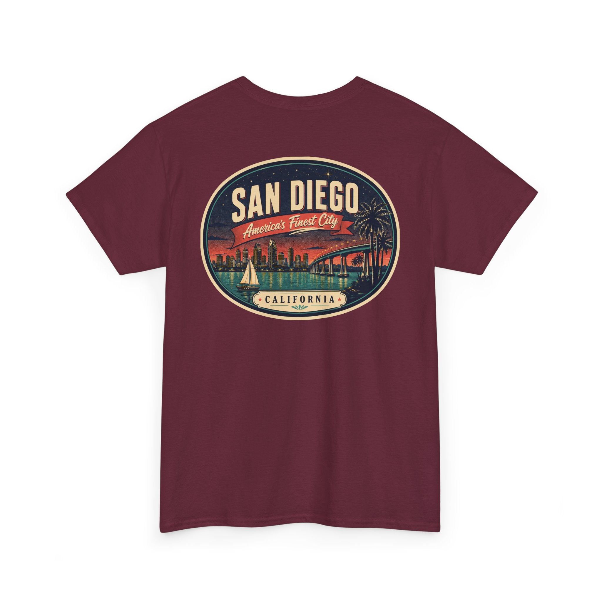 Maroon T-shirt with large San Diego city scene oval graphic on back