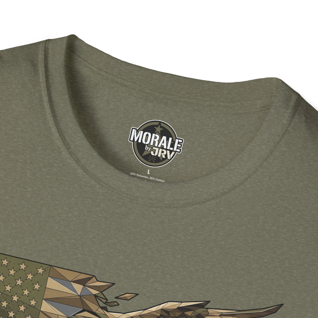 Crew-neck on military green T-shirt with brand logo and partial eagle graphic