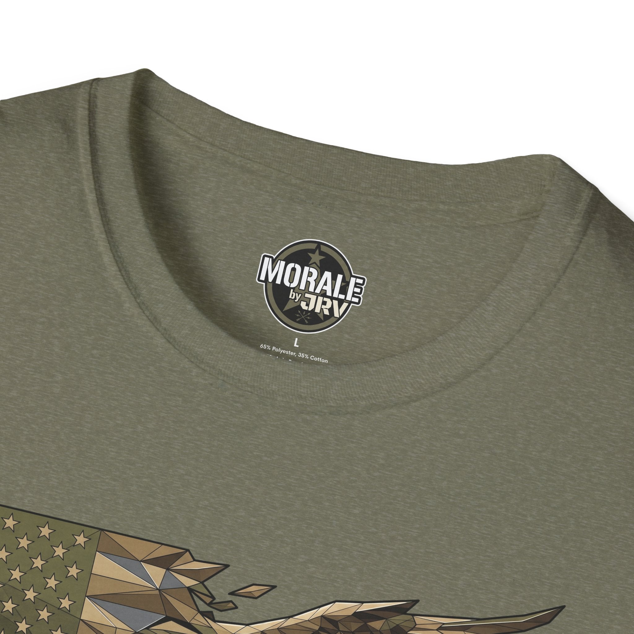 Crew-neck on military green T-shirt with brand logo and partial eagle graphic