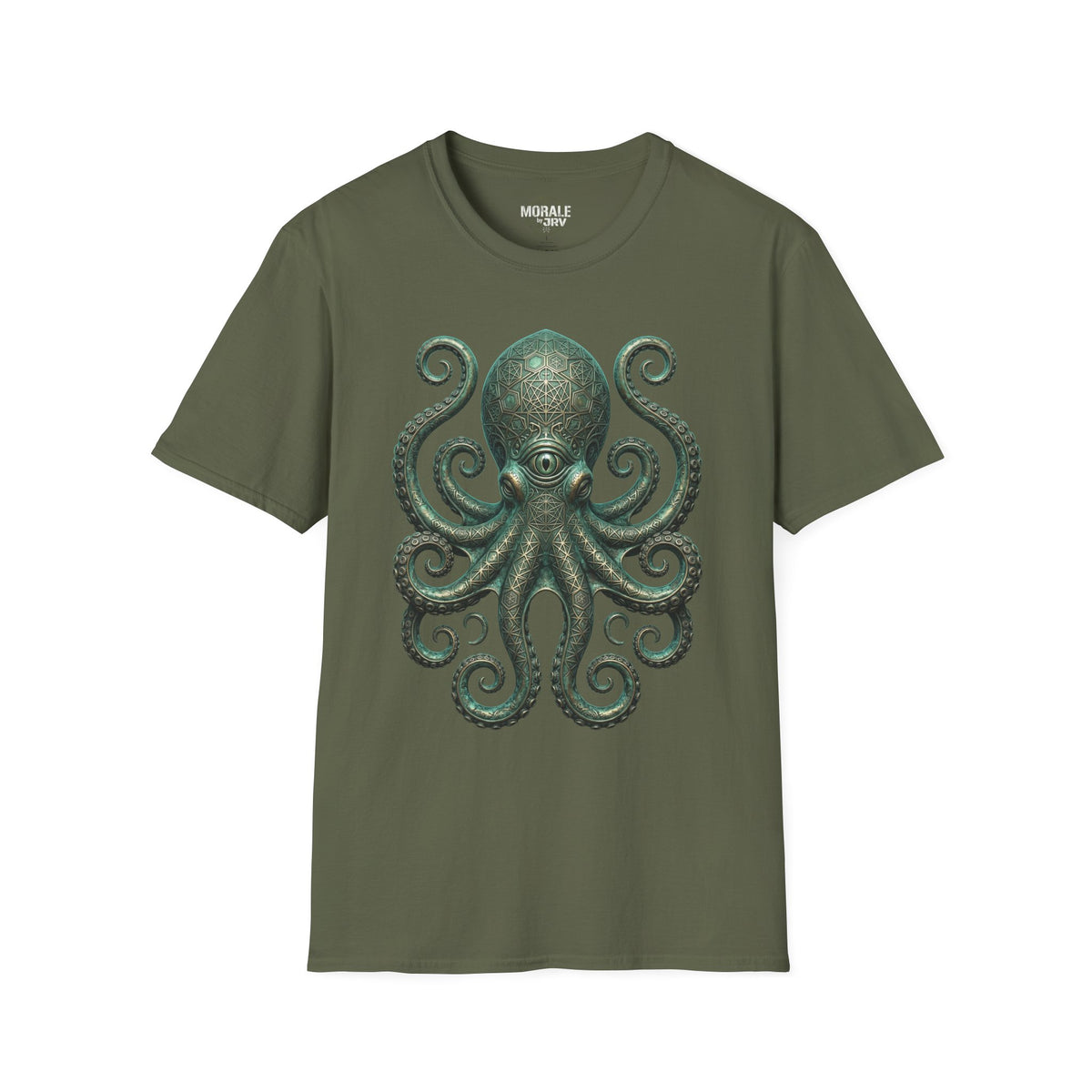 Military green kraken octopus graphic t-shirt front view with teal tentacles