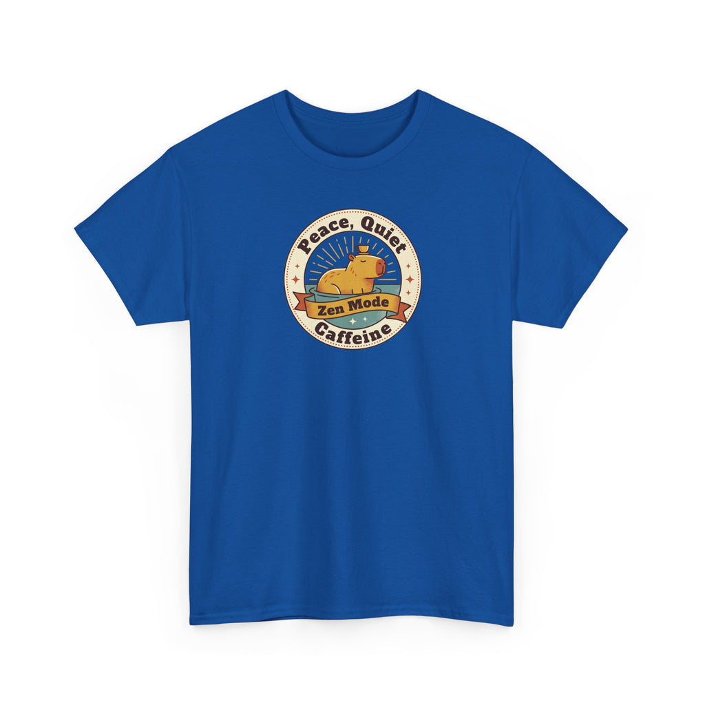 Royal blue crewneck T-shirt with Peace Quiet caffeine graphic