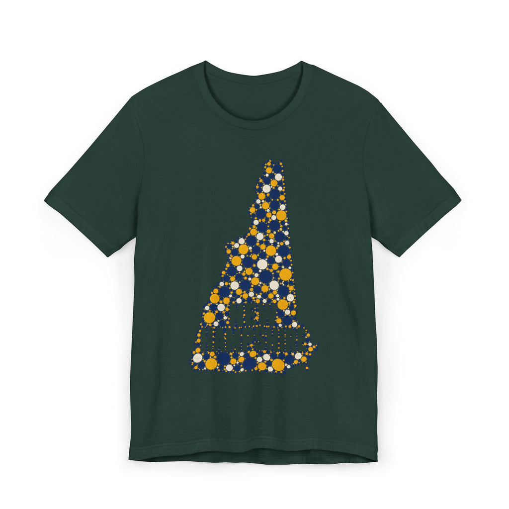 Dark green New Hampshire graphic T-shirt with floral dotted state outline and “NEW HAMPSHIRE” text