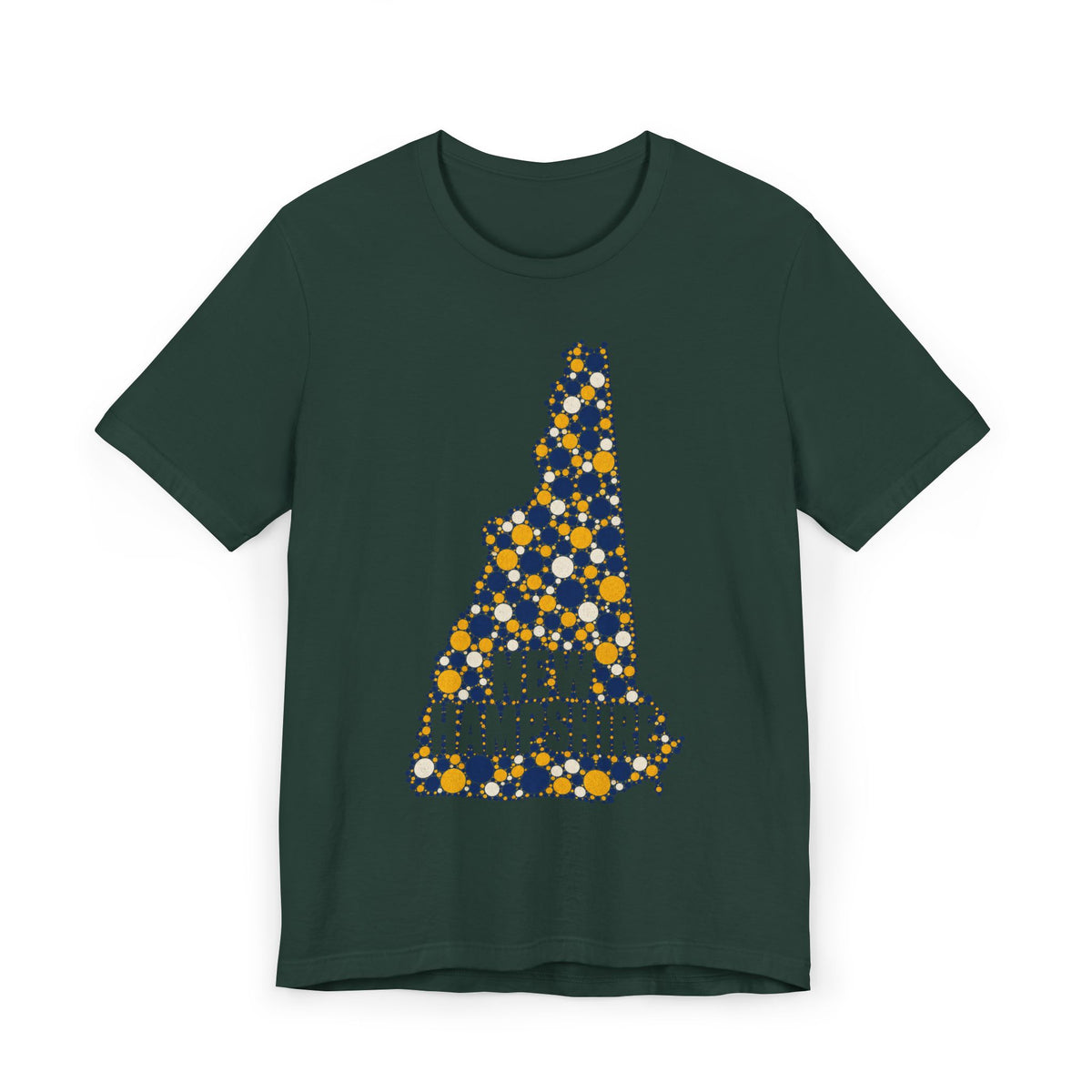 Dark green New Hampshire graphic T-shirt with floral dotted state outline and “NEW HAMPSHIRE” text
