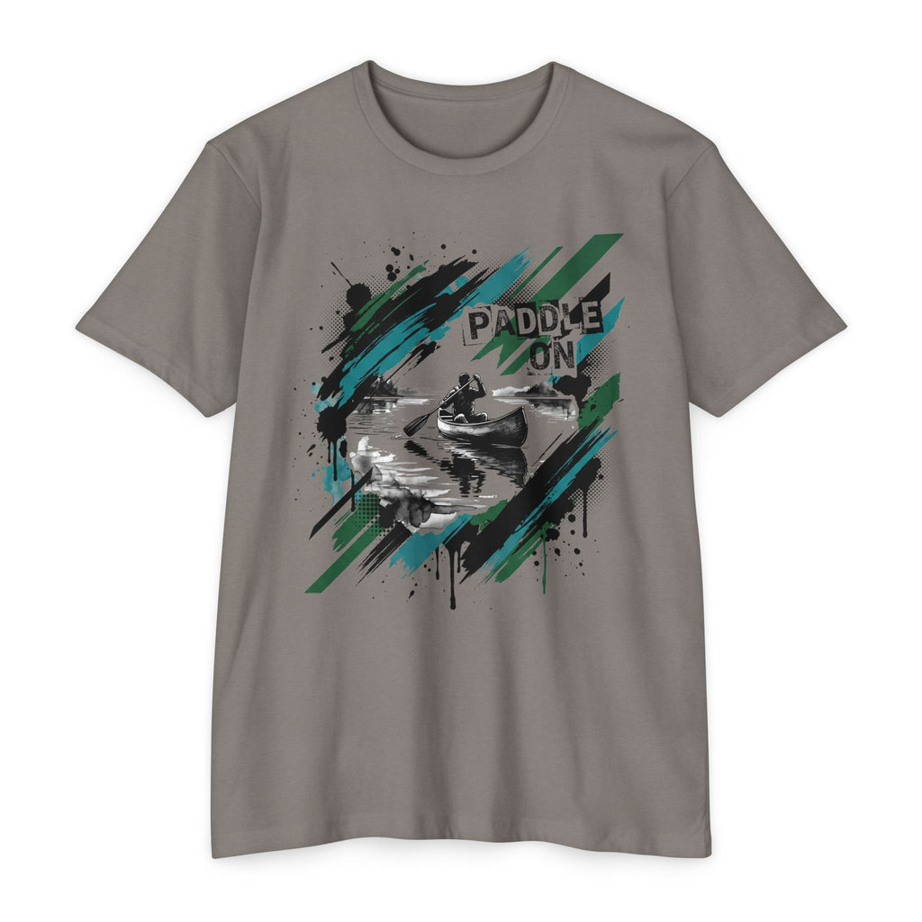 Taupe T-shirt with front kayaking graphic reading “PADDLE ON”