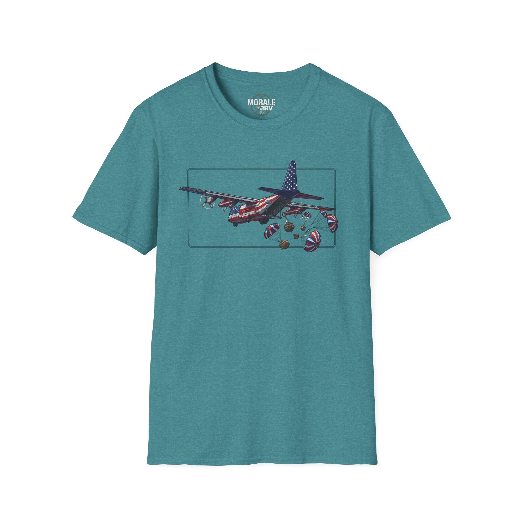 Petrolfarbenes C-130 T‑Shirt mit Grafik von Flugzeug und Fallschirm-Paketen