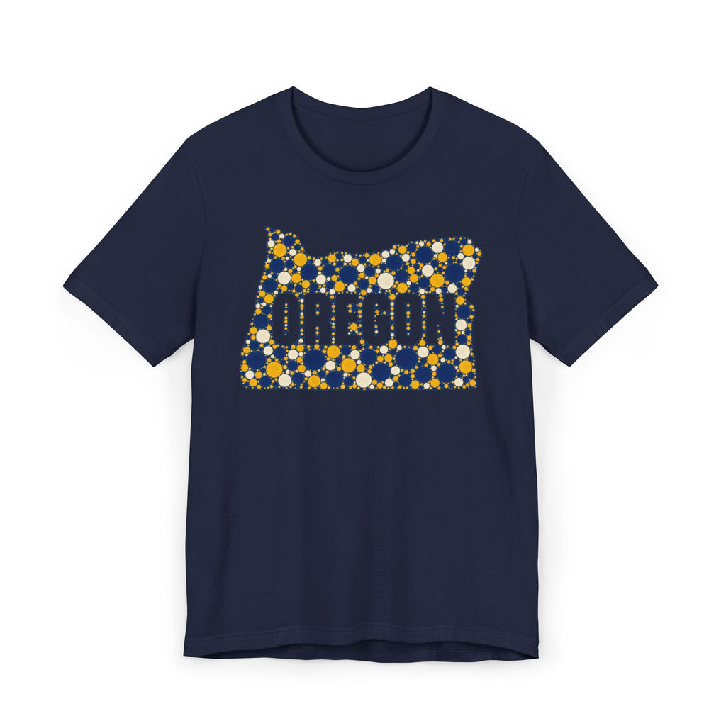 Navy t-shirt with Oregon polka dot map graphic in blue and gold on front