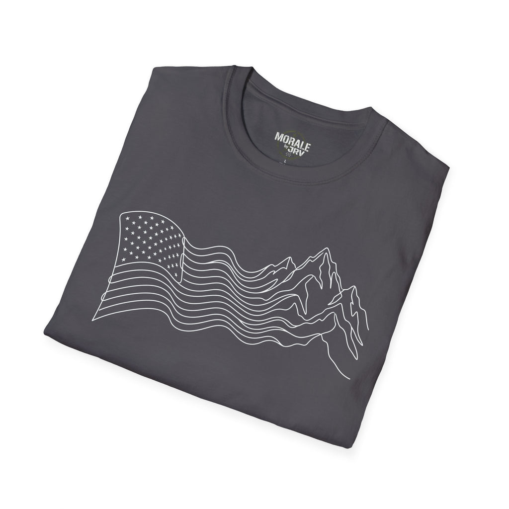 Charcoal T-shirt with mountain and wave line art with stars-and-stripes section