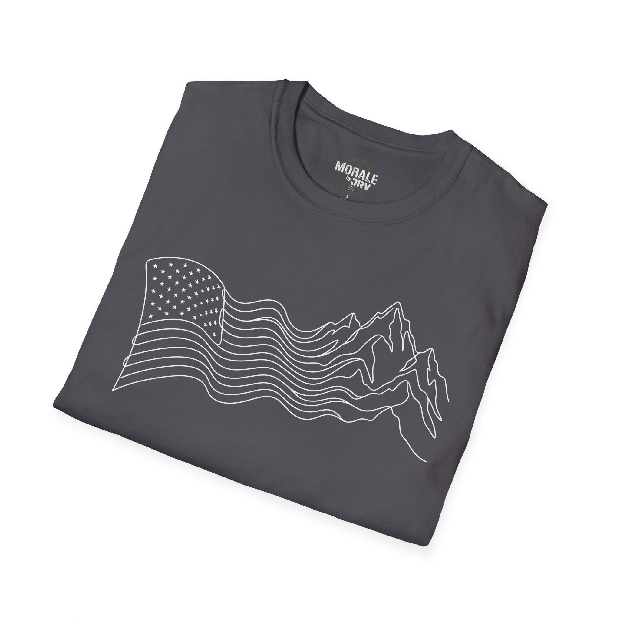 Charcoal T-shirt with mountain and wave line art with stars-and-stripes section