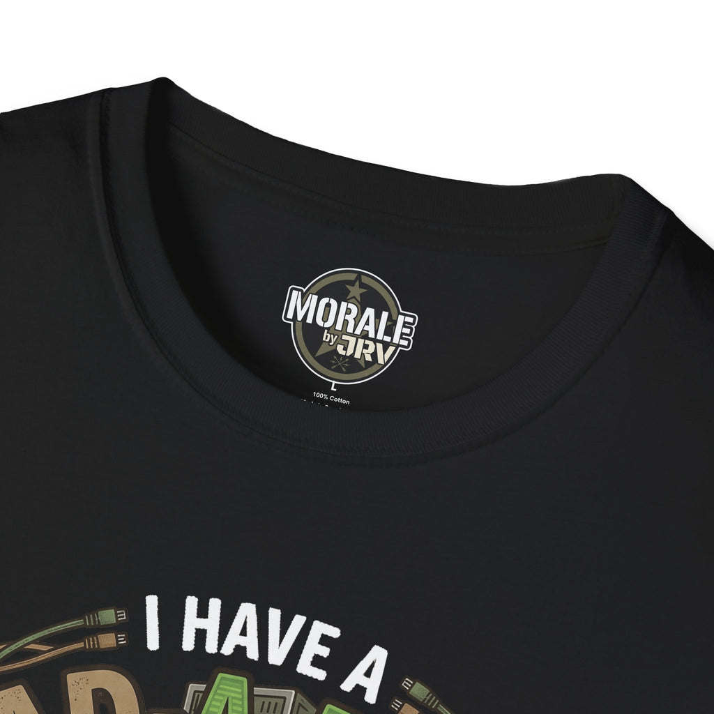Black crew-neck T-shirt collar with small circular logo above graphic text