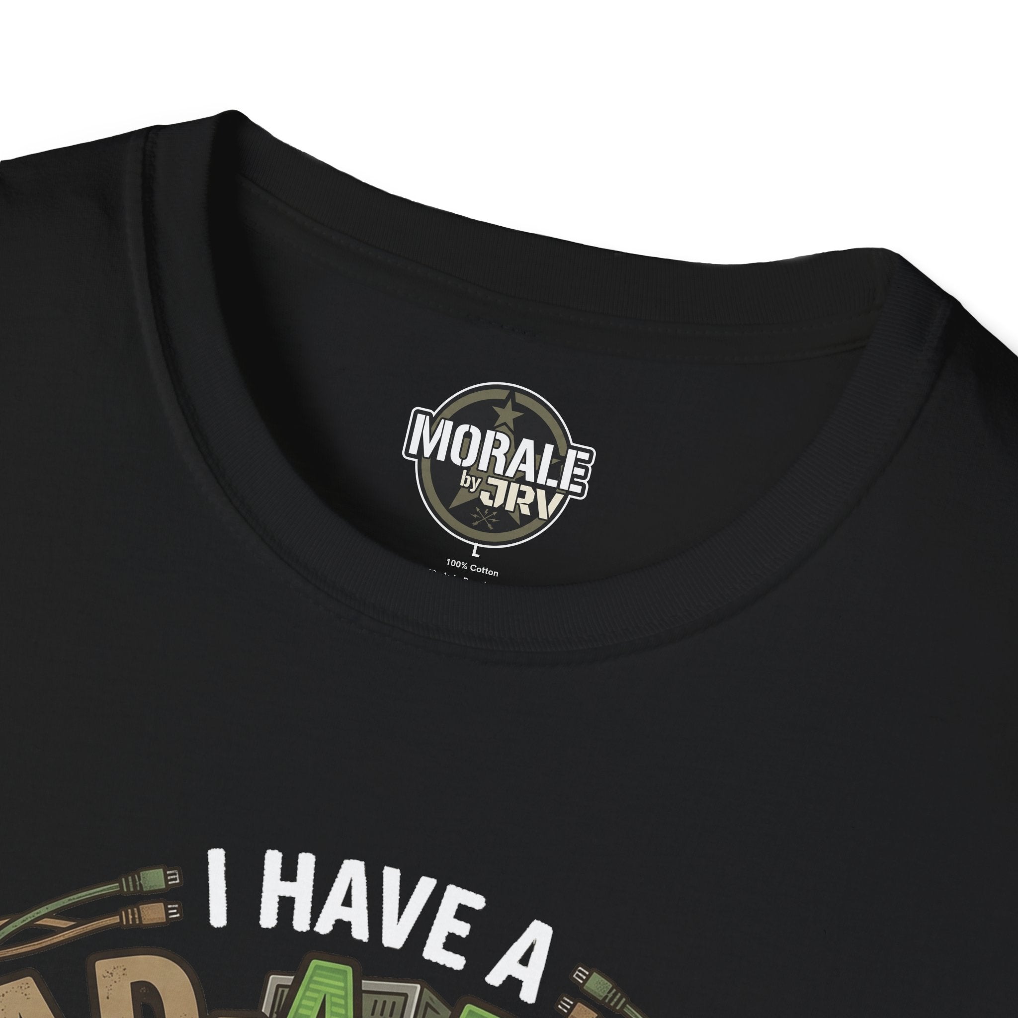 Black crew-neck T-shirt collar with small circular logo above graphic text