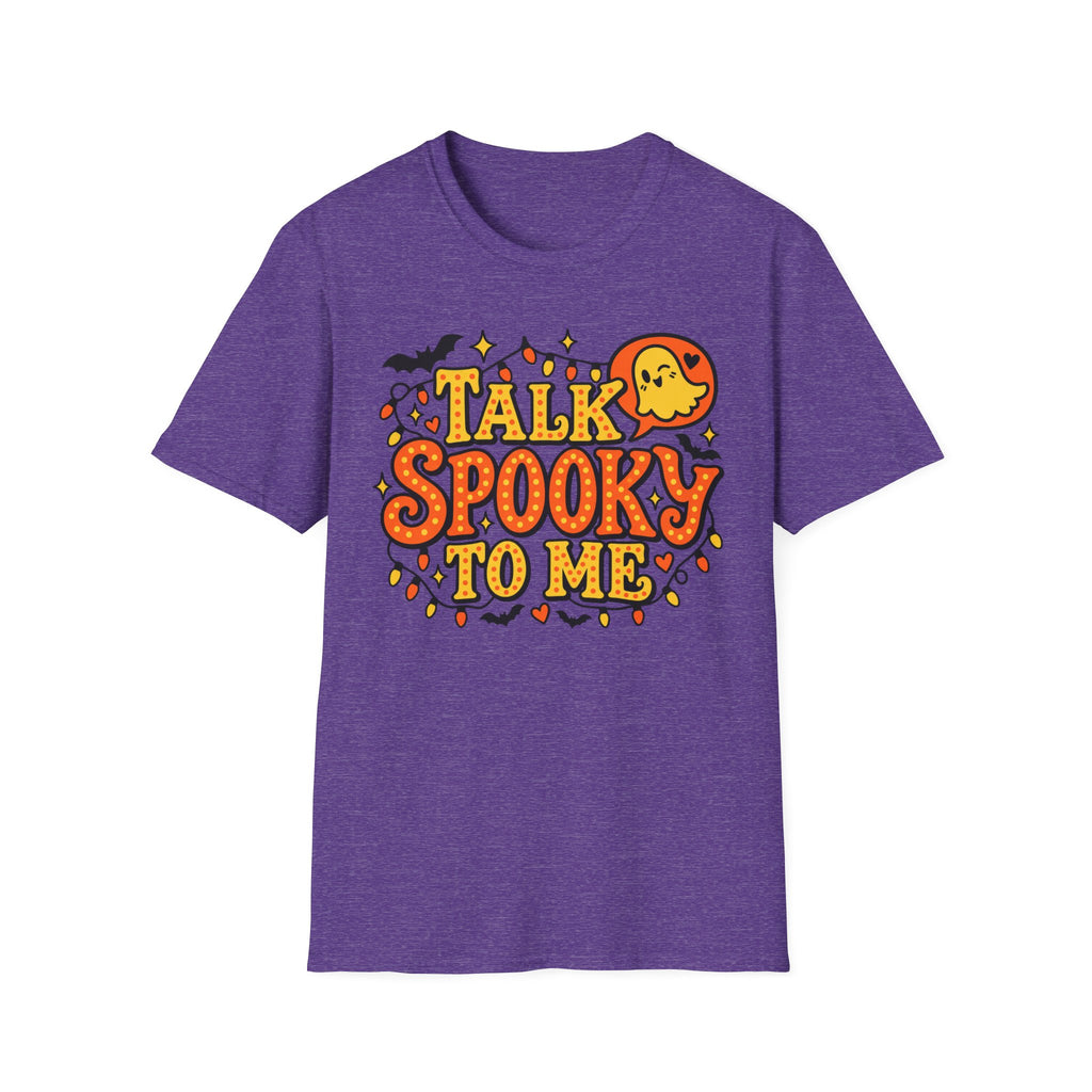 Purple Halloween t-shirt with 'Talk Spooky to Me' ghost graphic