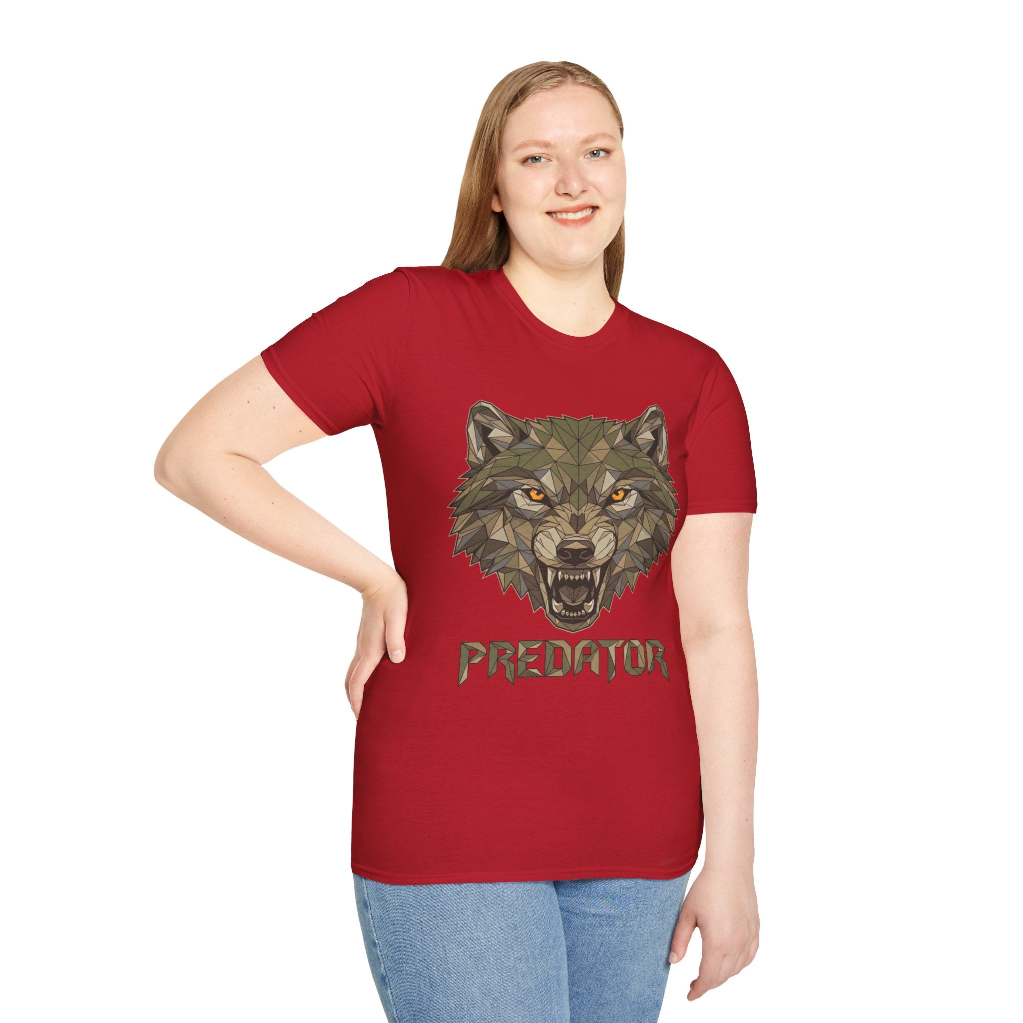 Red T-shirt with geometric wolf head and 'PREDATOR' text