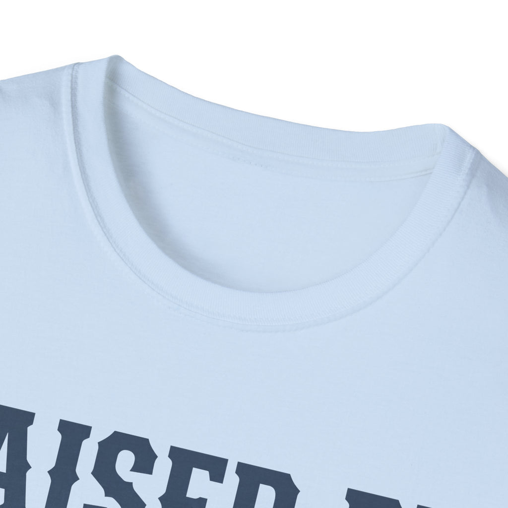 Light blue crewneck T-shirt neckline close-up