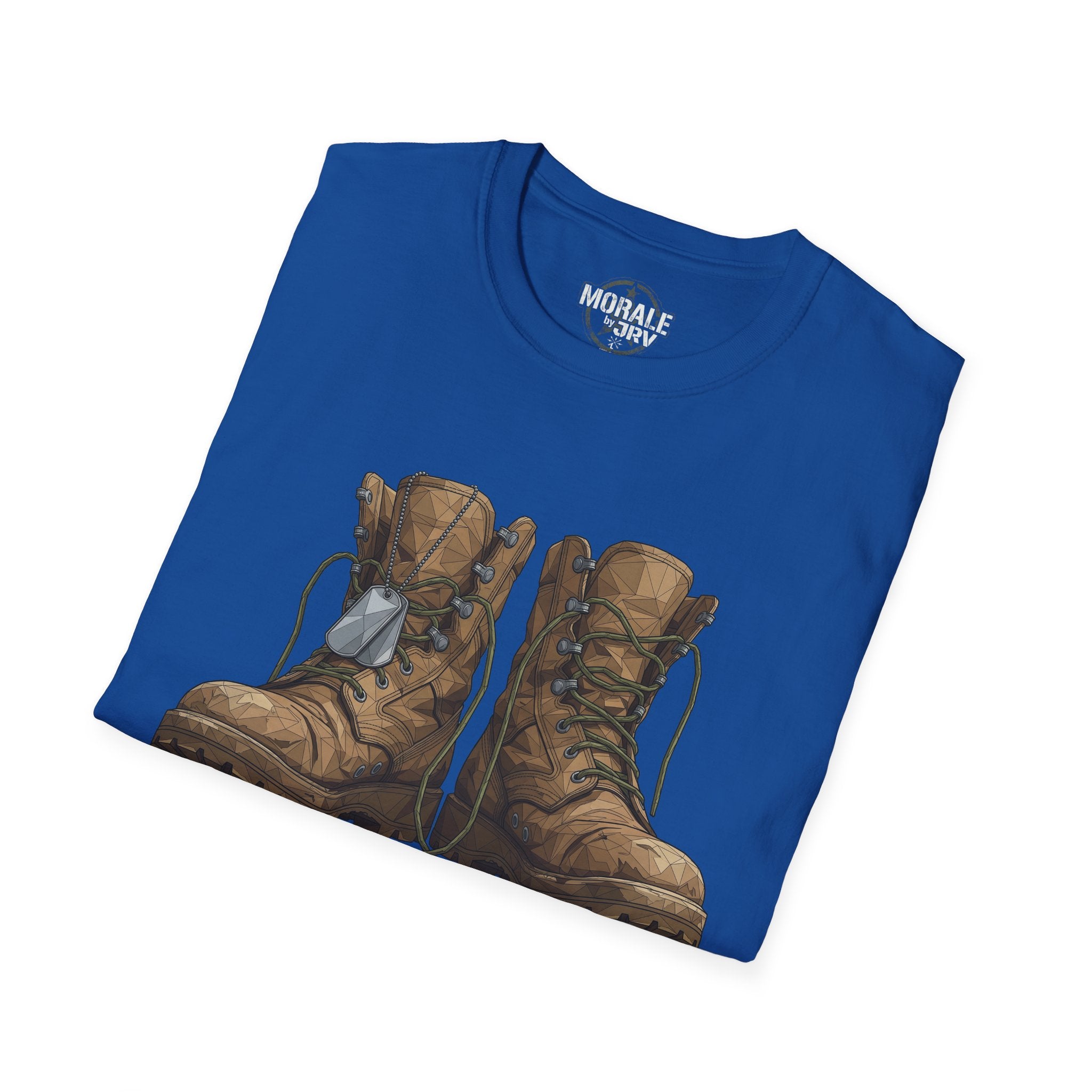 Royal blue T-shirt featuring worn combat boots illustration with laces and gear