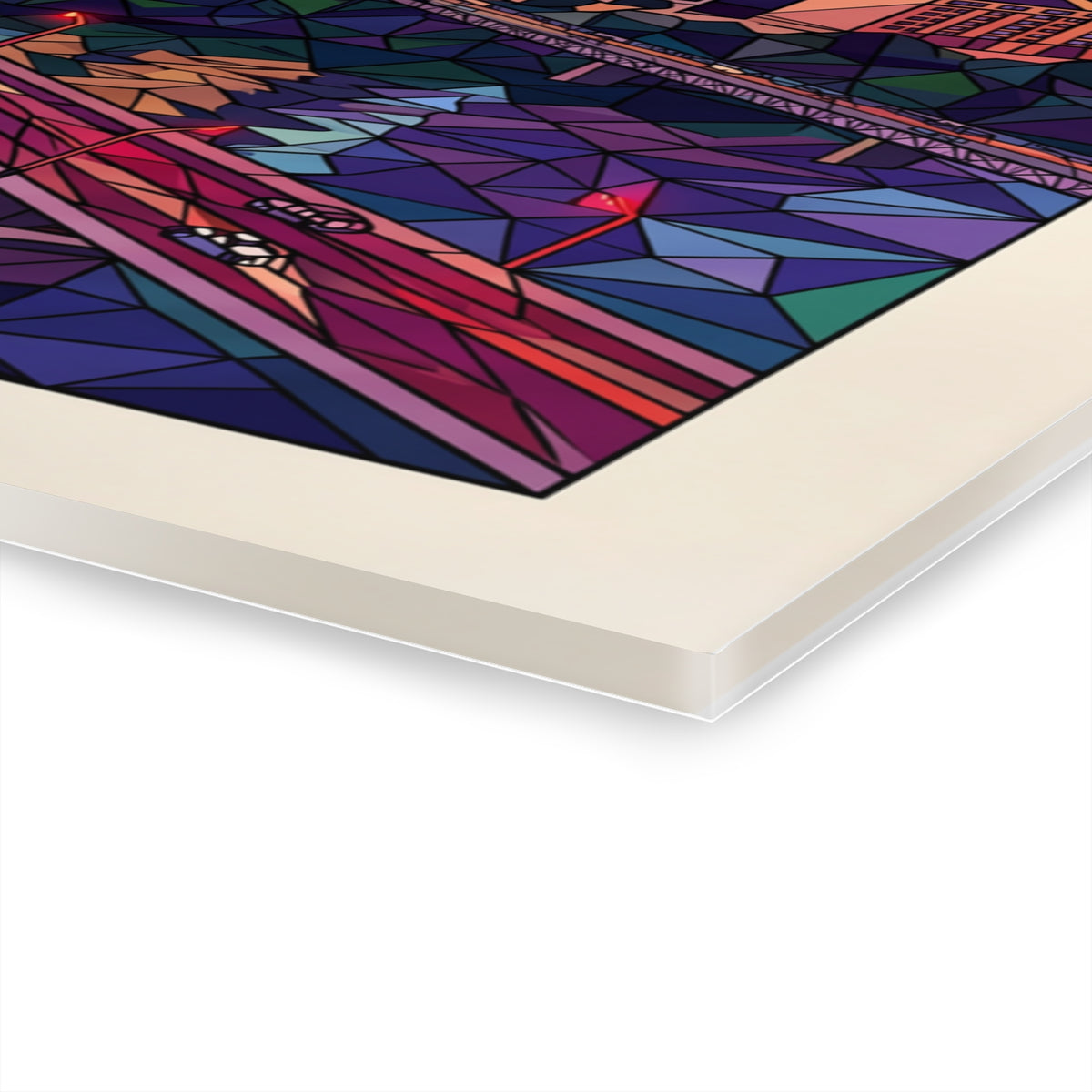 Acrylic wall art corner close-up with blue, purple, and red faceted design