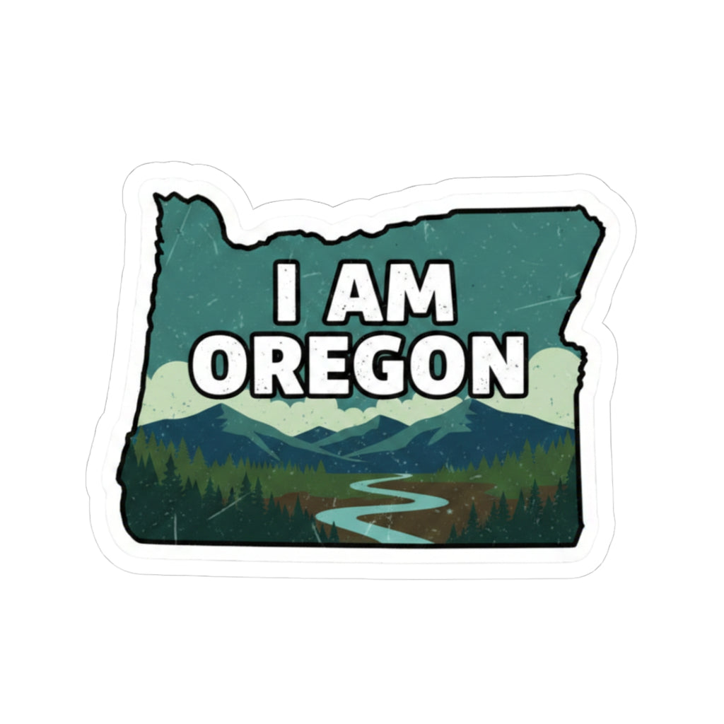 I Am Oregon vinyl sticker: state outline with mountains, forest, river