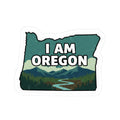 I Am Oregon vinyl sticker: state outline with mountains, forest, river