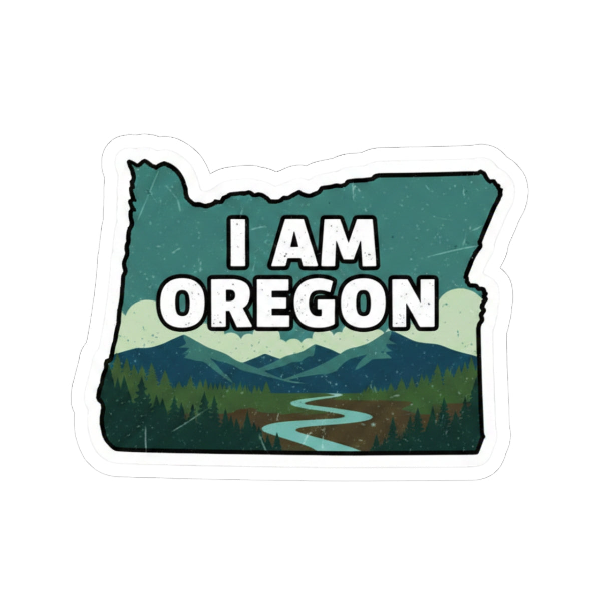 I Am Oregon vinyl sticker: state outline with mountains, forest, river
