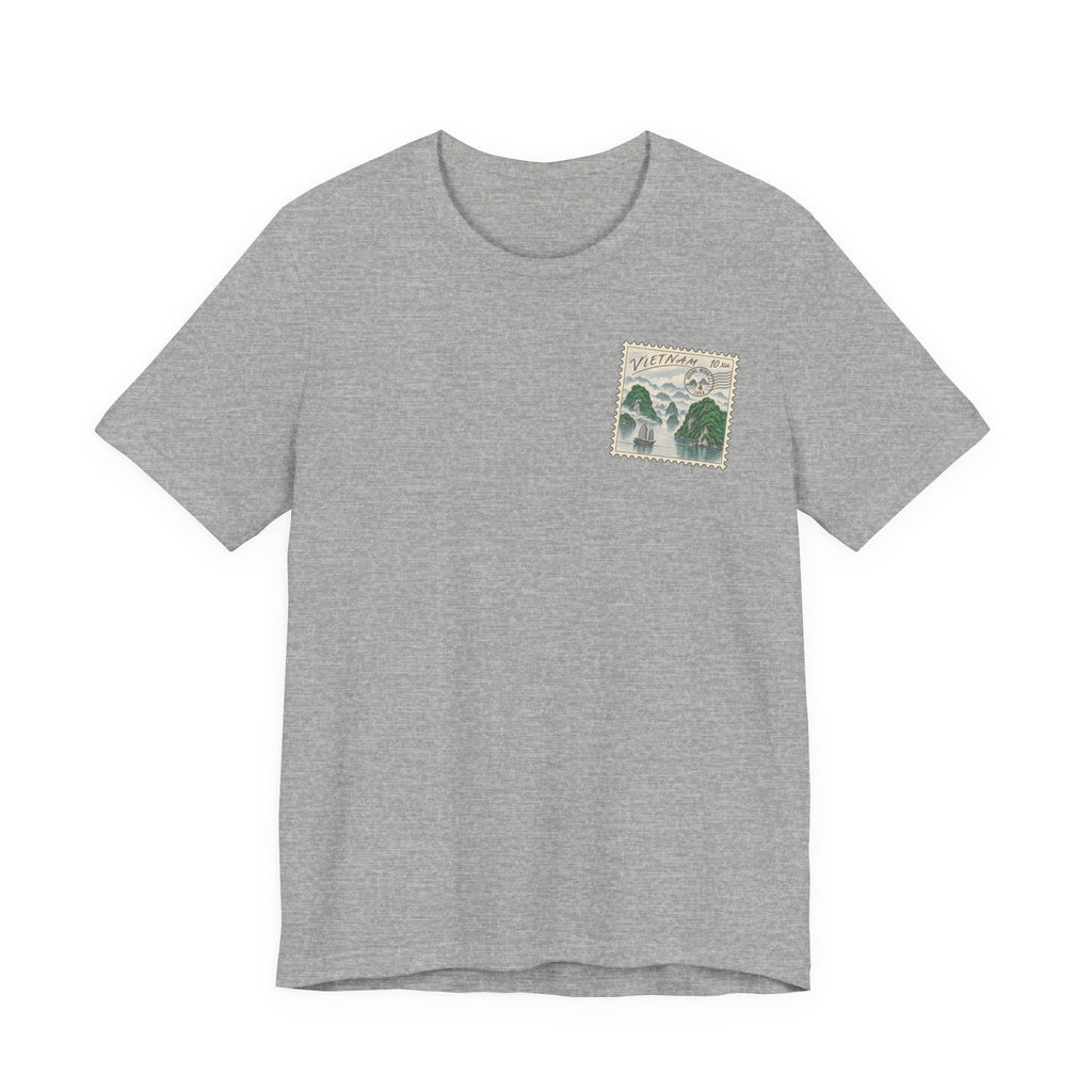 Heather gray travel t-shirt with small vintage postage stamp-style Ha Long Bay graphic on chest.