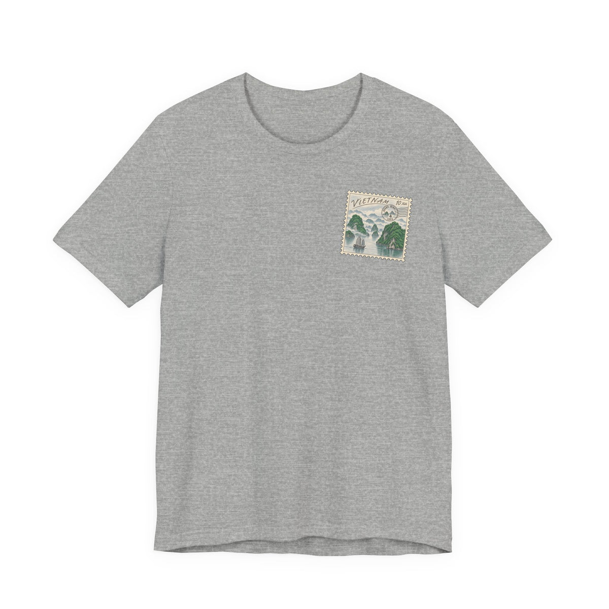 Heather gray travel t-shirt with small vintage postage stamp-style Ha Long Bay graphic on chest.