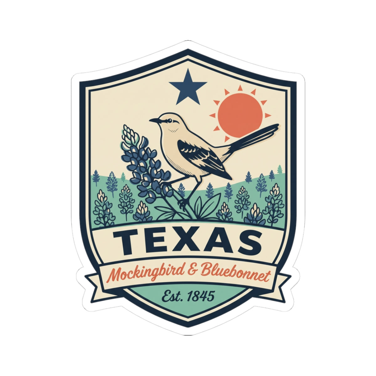Texas badge sticker with mockingbird, bluebonnets, star, sun, TEXAS, and Est. 1845