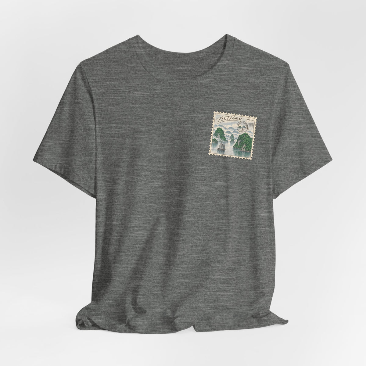Heather gray T-shirt with small Vietnam postage stamp-style chest graphic