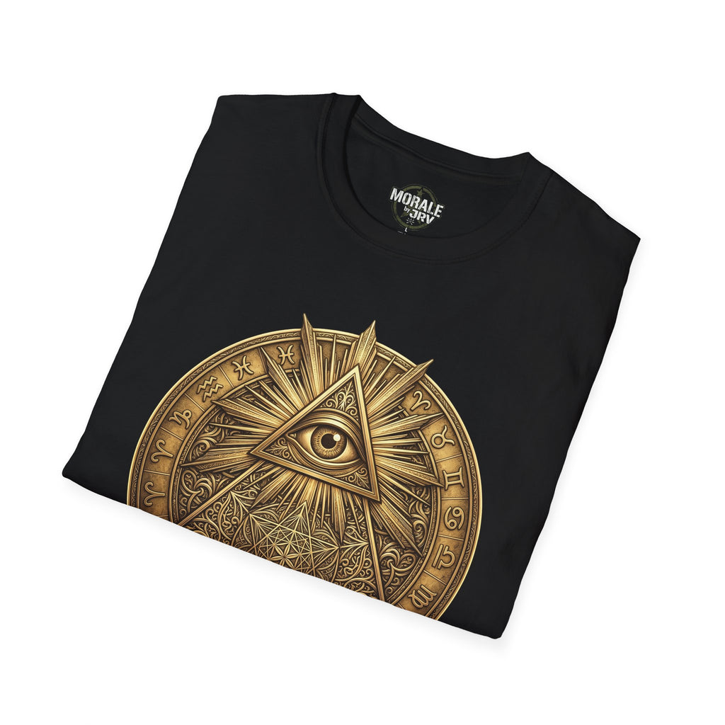 Black T-shirt with gold all-seeing eye mandala graphic, crew neck