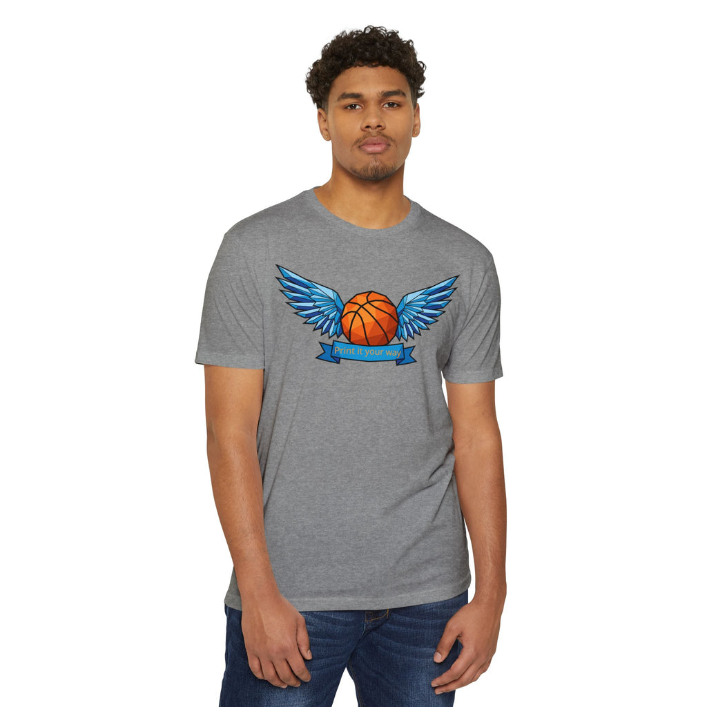 Heather gray basketball T-shirt with blue winged basketball graphic at chest