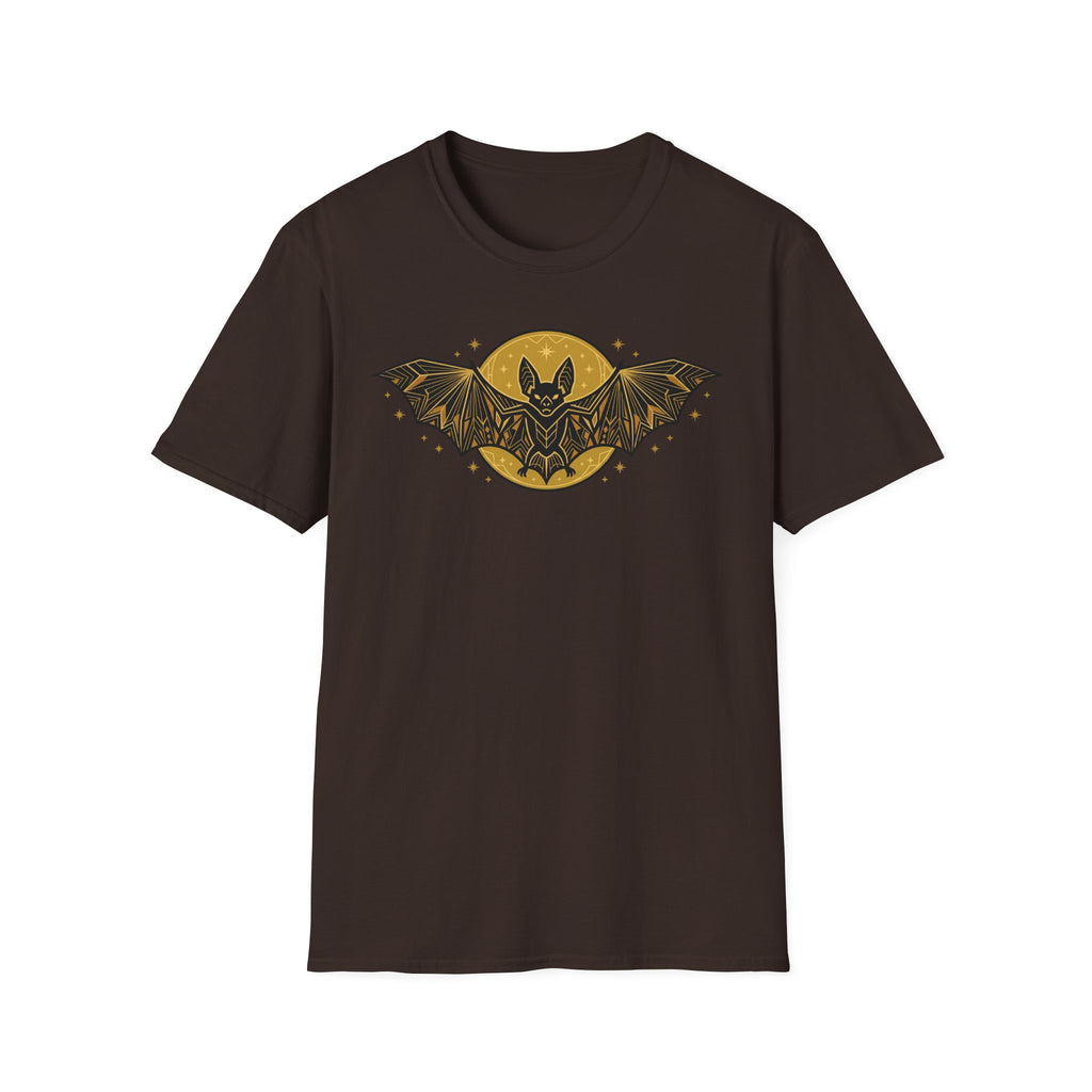 Dark brown crew-neck T-shirt with gold bat-and-moon graphic