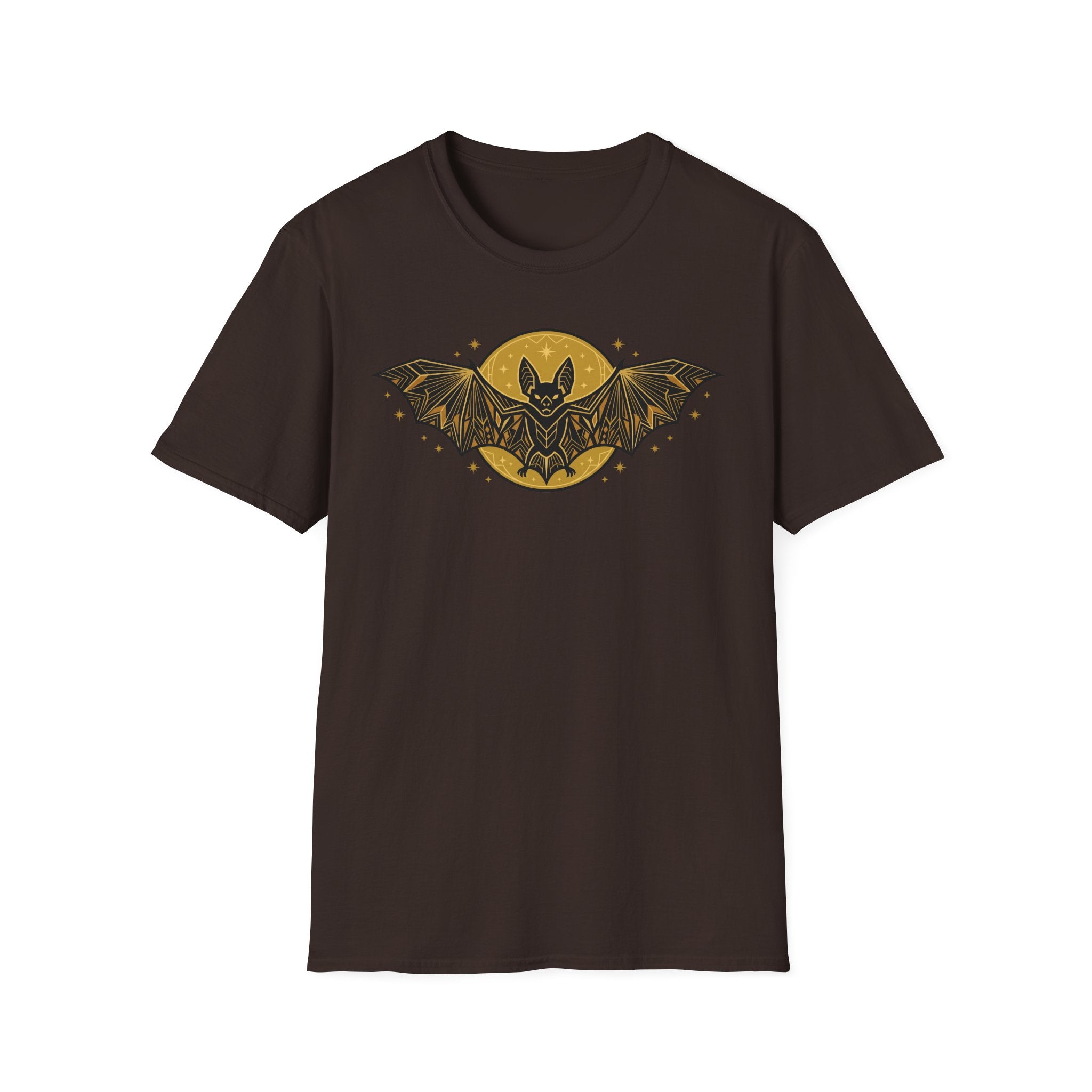 Dark brown crew-neck T-shirt with gold bat-and-moon graphic