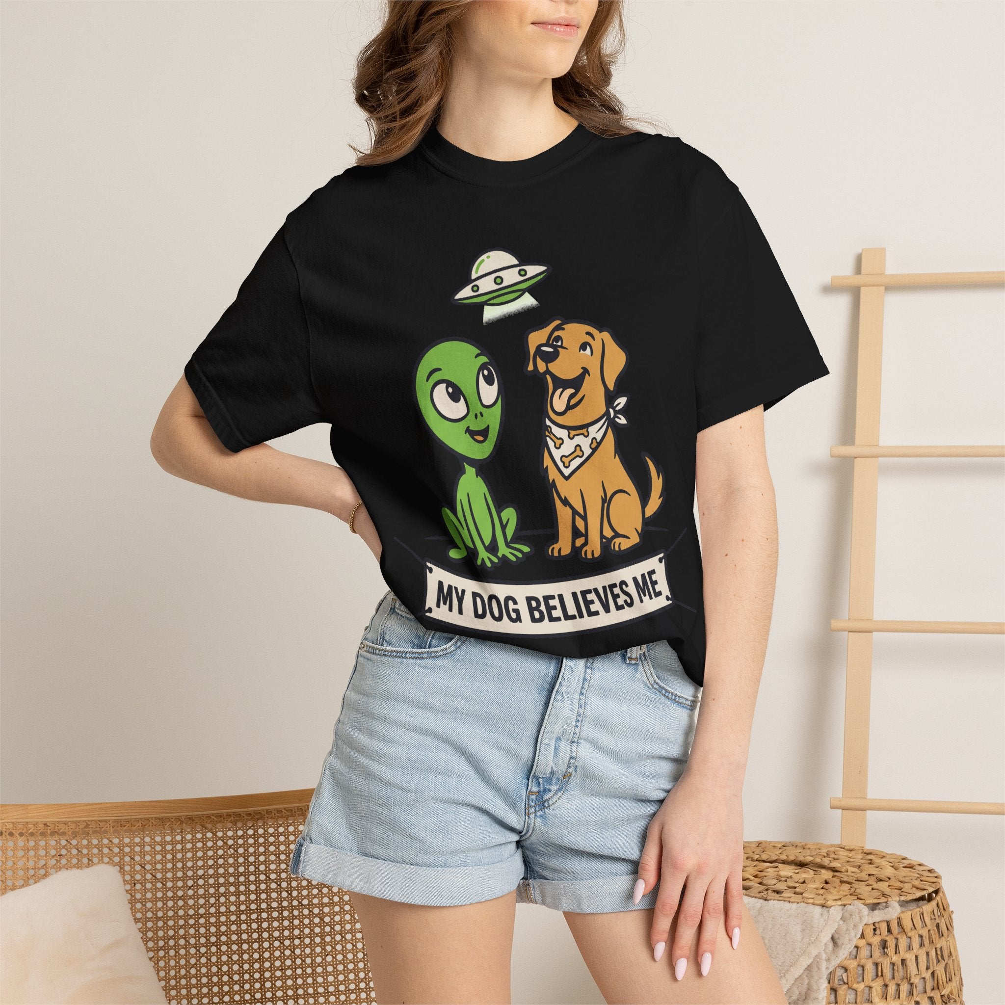 Alien and dog graphic t-shirt on model, black crew neck short sleeves
