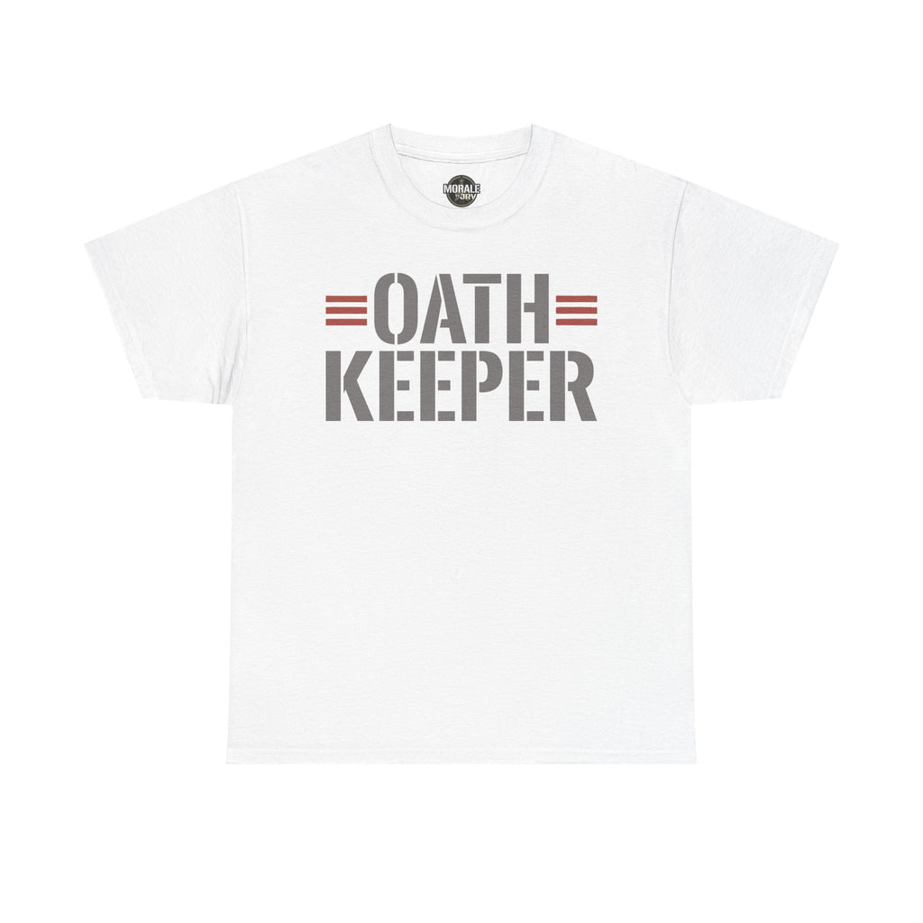 White T-shirt with 'OATH KEEPER' patriotic graphic
