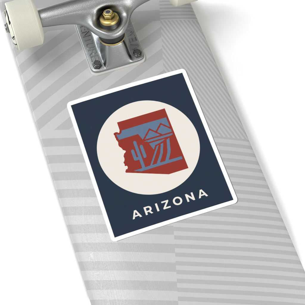 Arizona state sticker on striped surface, square border with cactus desert icon