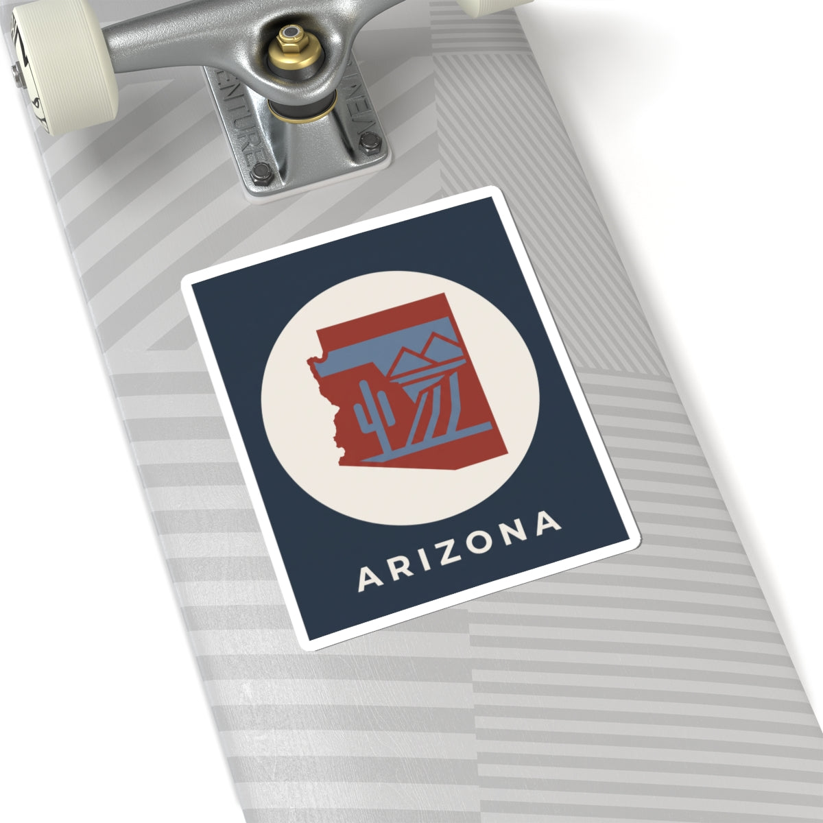 Arizona state sticker on striped surface, square border with cactus desert icon