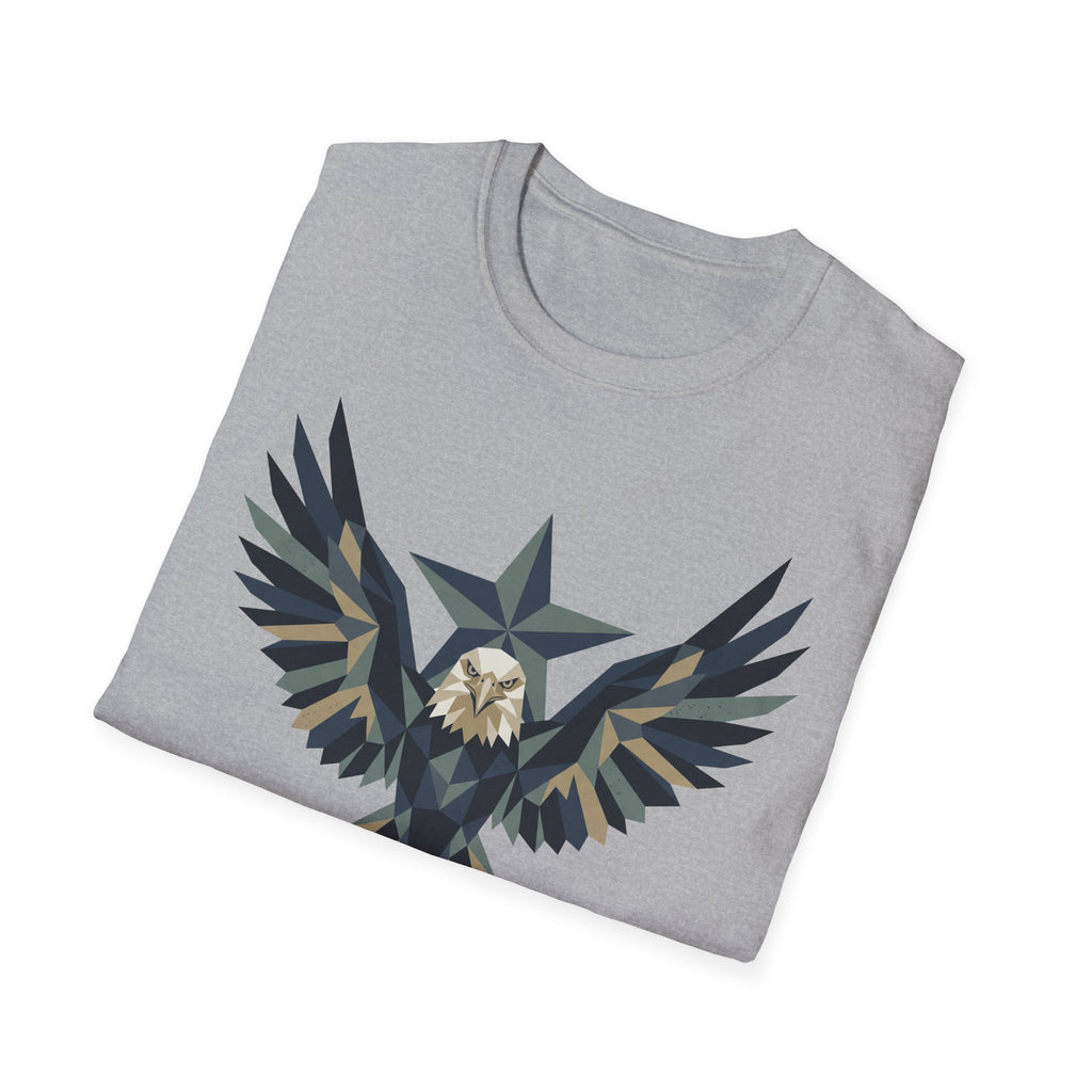 Light gray crew-neck t-shirt with geometric bald eagle graphic across front