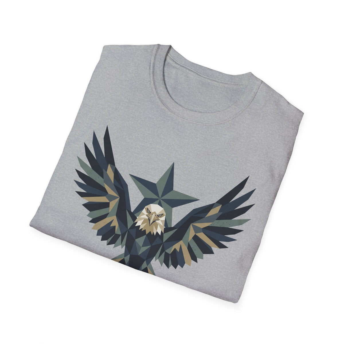 Light gray crew-neck t-shirt with geometric bald eagle graphic across front