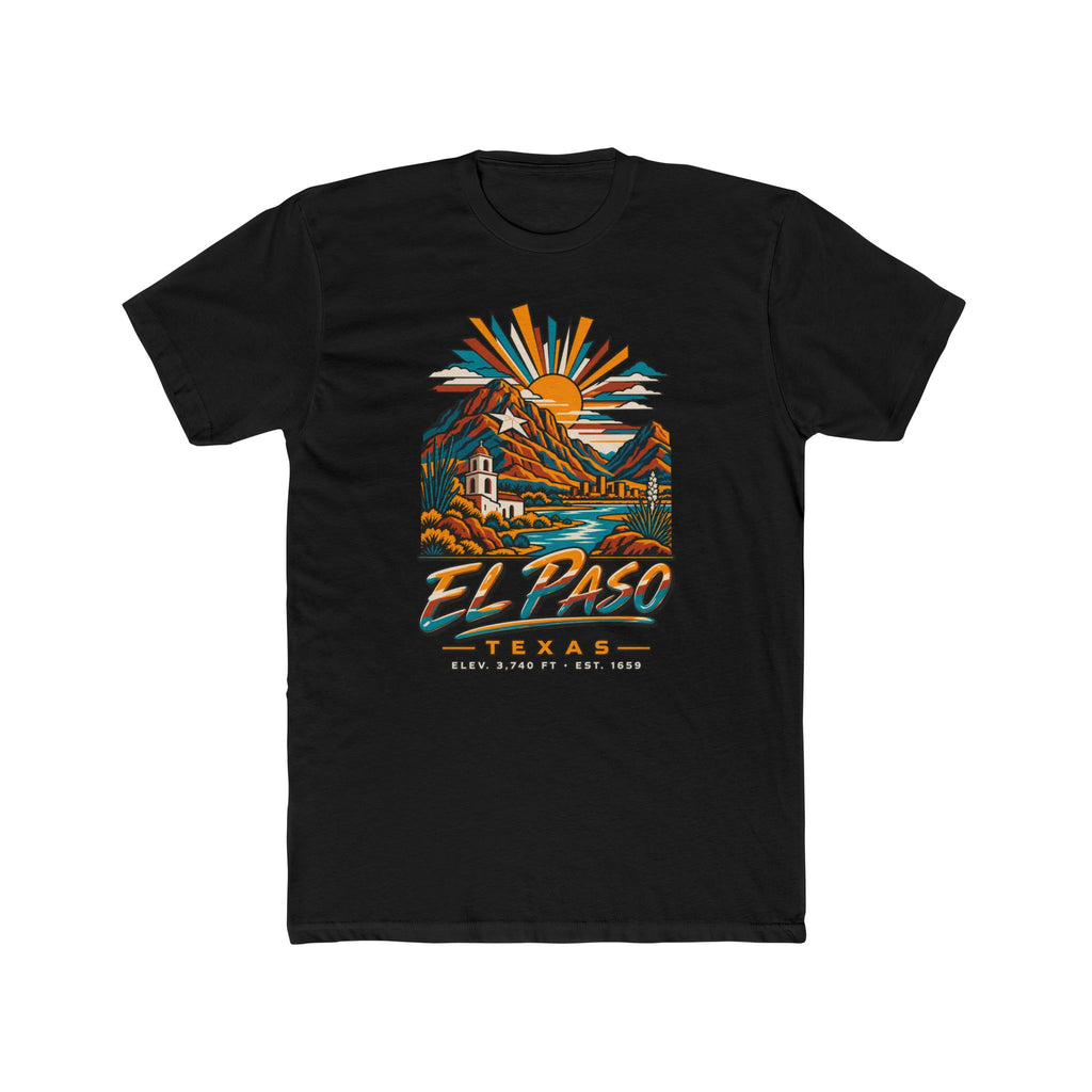 Black El Paso Texas graphic T-shirt with desert mountains and sunrise design