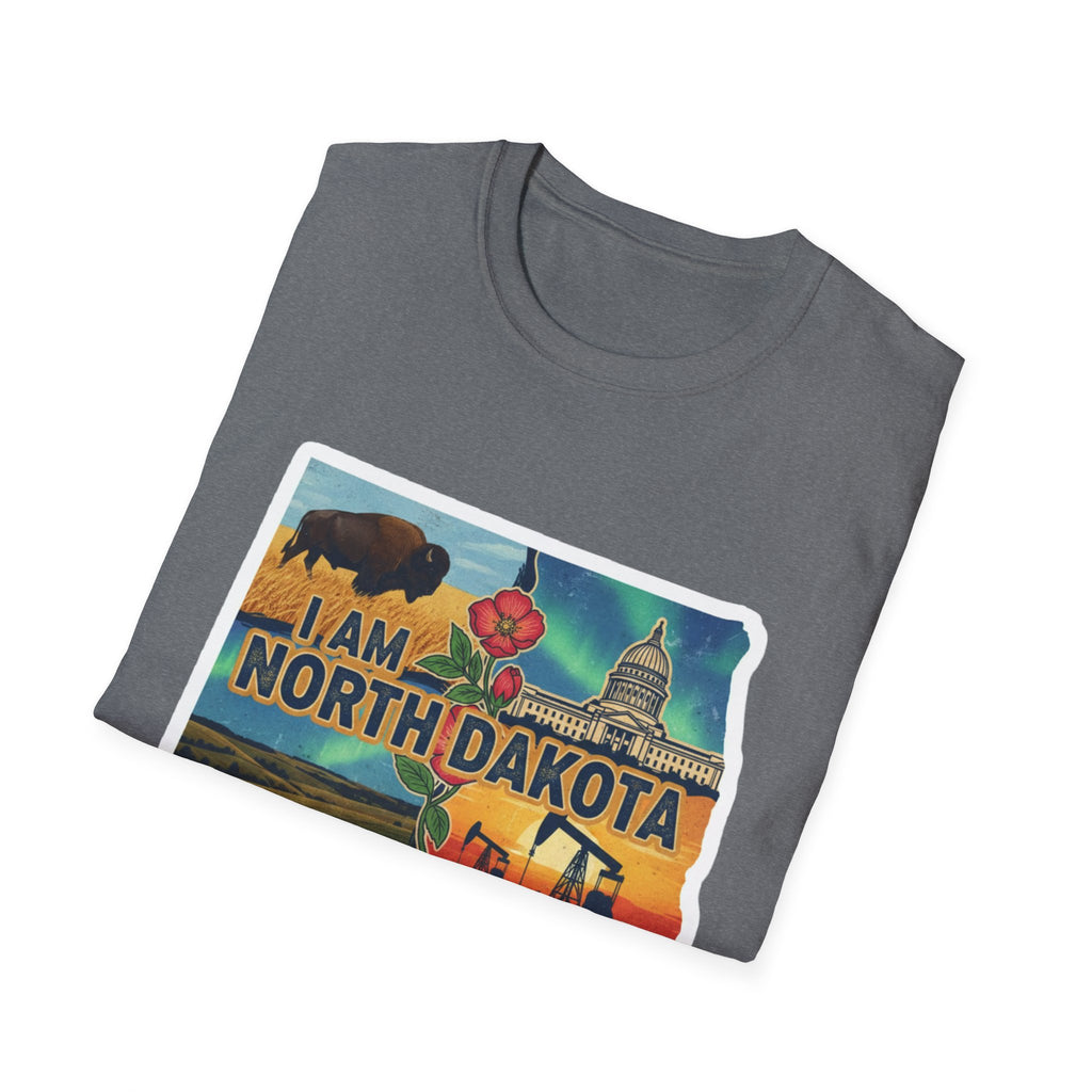 Heather gray T-shirt with “I Am North Dakota” bison and capitol graphic