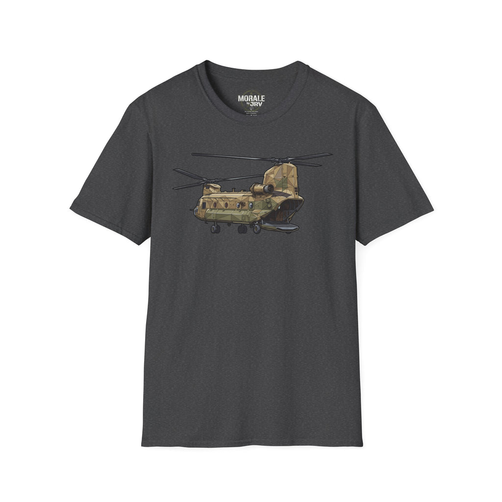 CH-47 T-shirt dark gray with tan/green military helicopter graphic centered