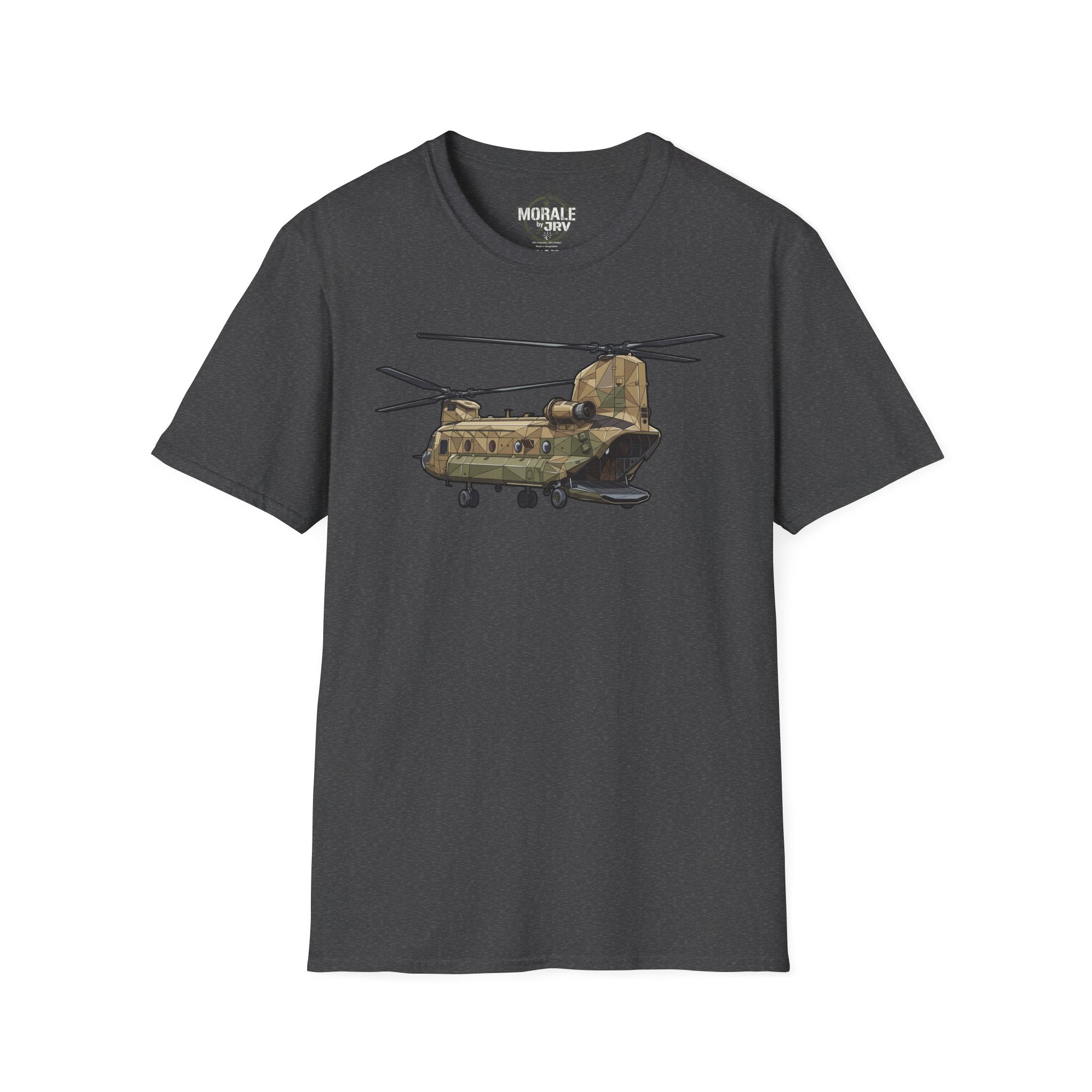 CH-47 T-shirt dark gray with tan/green military helicopter graphic centered