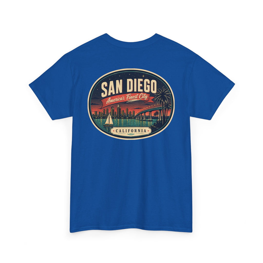 Royal blue T-shirt with large San Diego city scene oval graphic on front