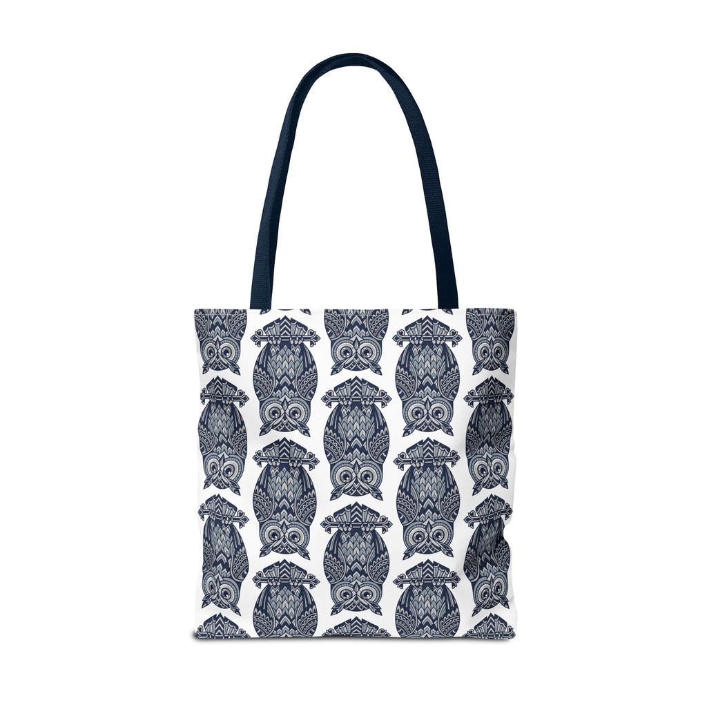 Owl-pattern tote bag with navy handles and repeating blue owls on white background