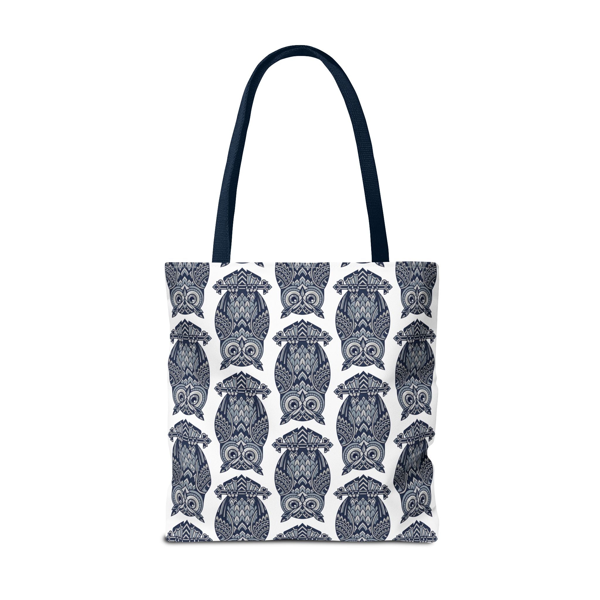 Owl-pattern tote bag with navy handles and repeating blue owls on white background