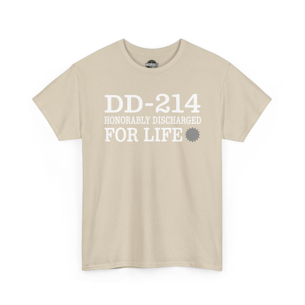 Sand crew-neck T-shirt with DD-214 HONORABLY DISCHARGED FOR LIFE text