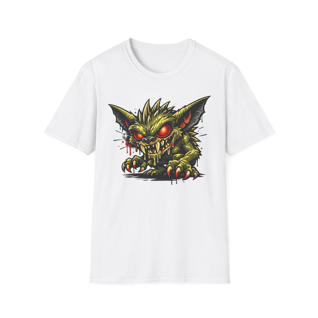 White crewneck t-shirt with centered green gremlin face graphic, red glowing eyes.