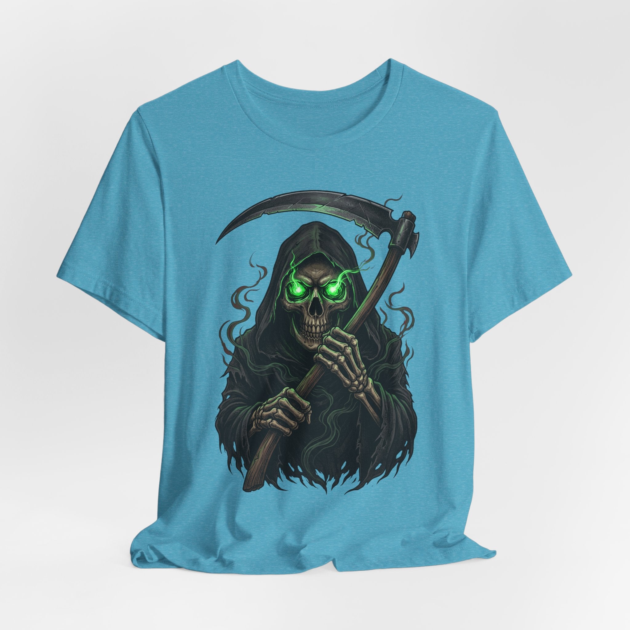 Front view Heather Aqua T-shirt, grim reaper skull holding scythe, neon green eyes