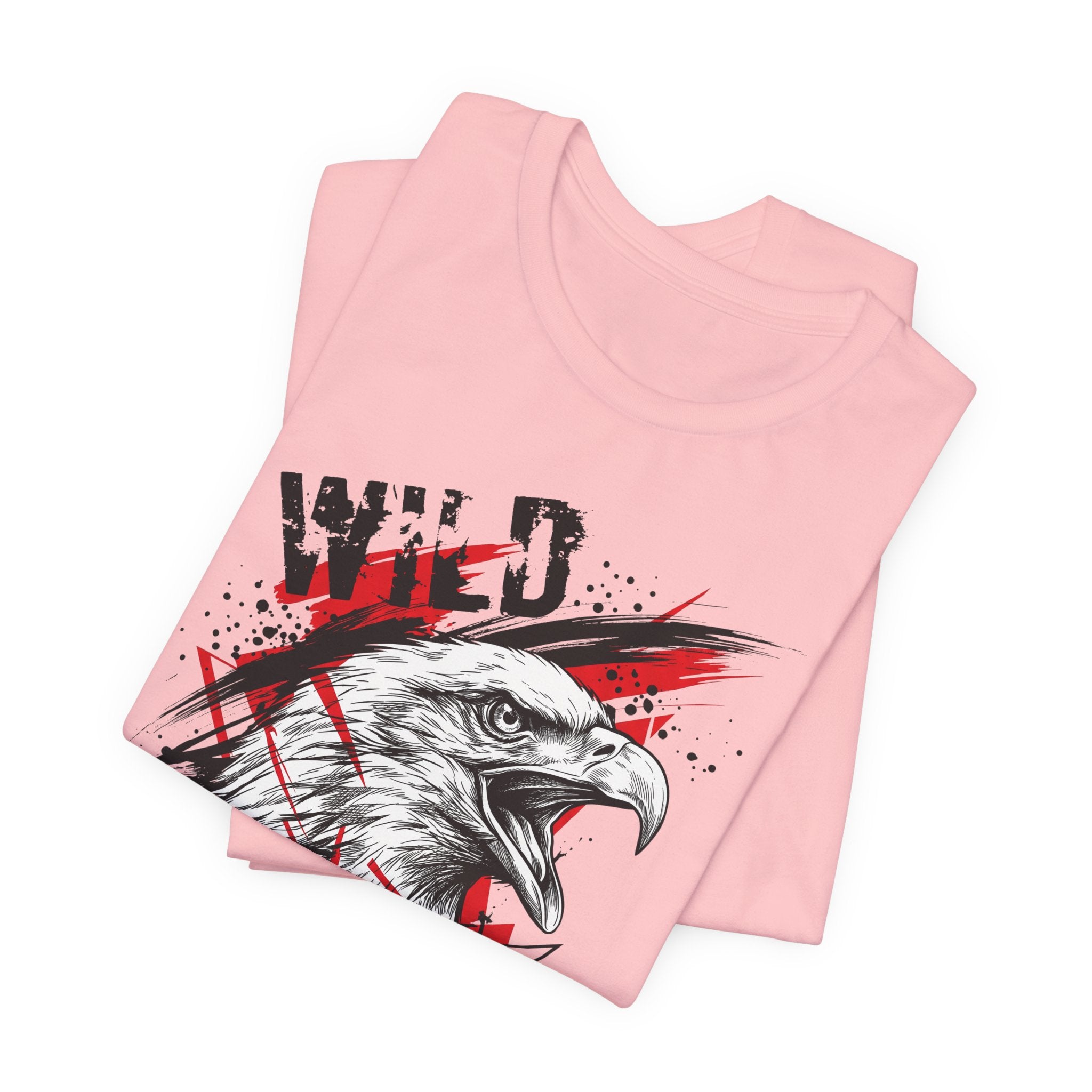 Pink T-shirt with eagle head graphic and bold text print on front