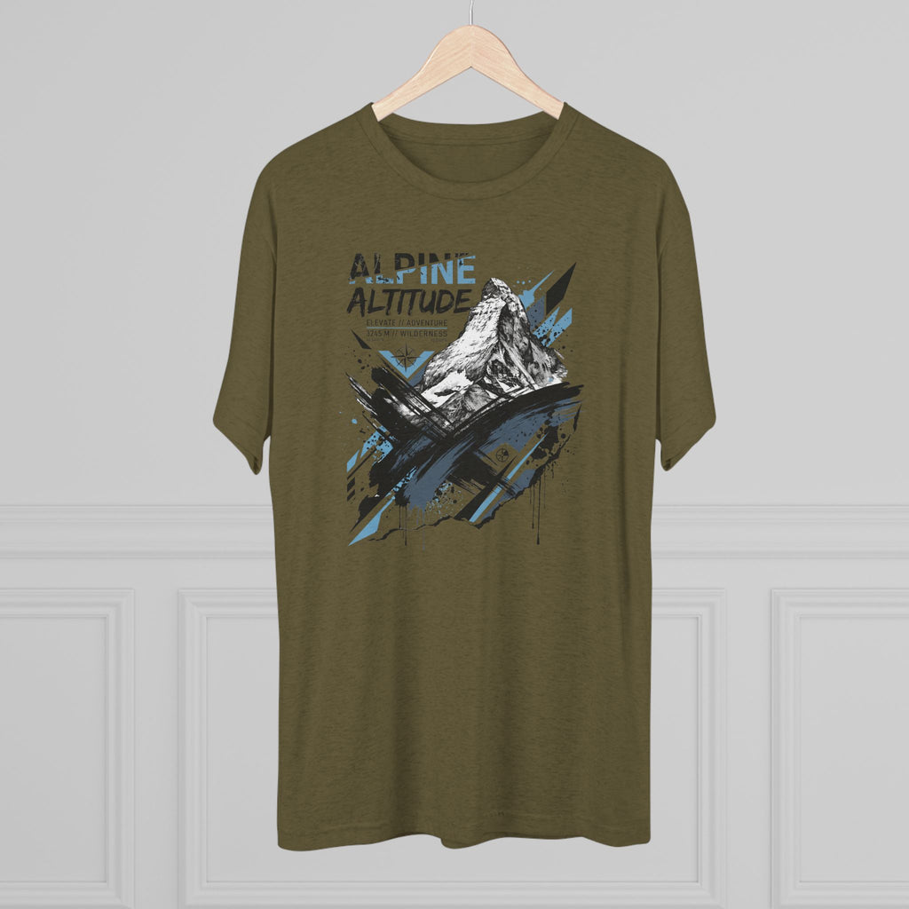 Unisex olive green T-shirt with mountain peak graphic on front, crew neck
