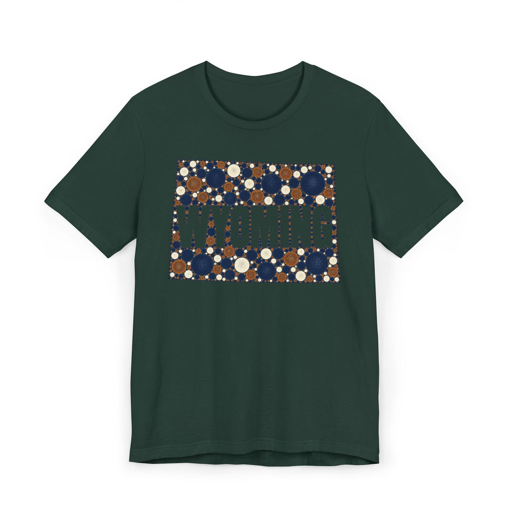 Deep green crew-neck T-shirt with Wyoming polka-dot map graphic and WYOMING text